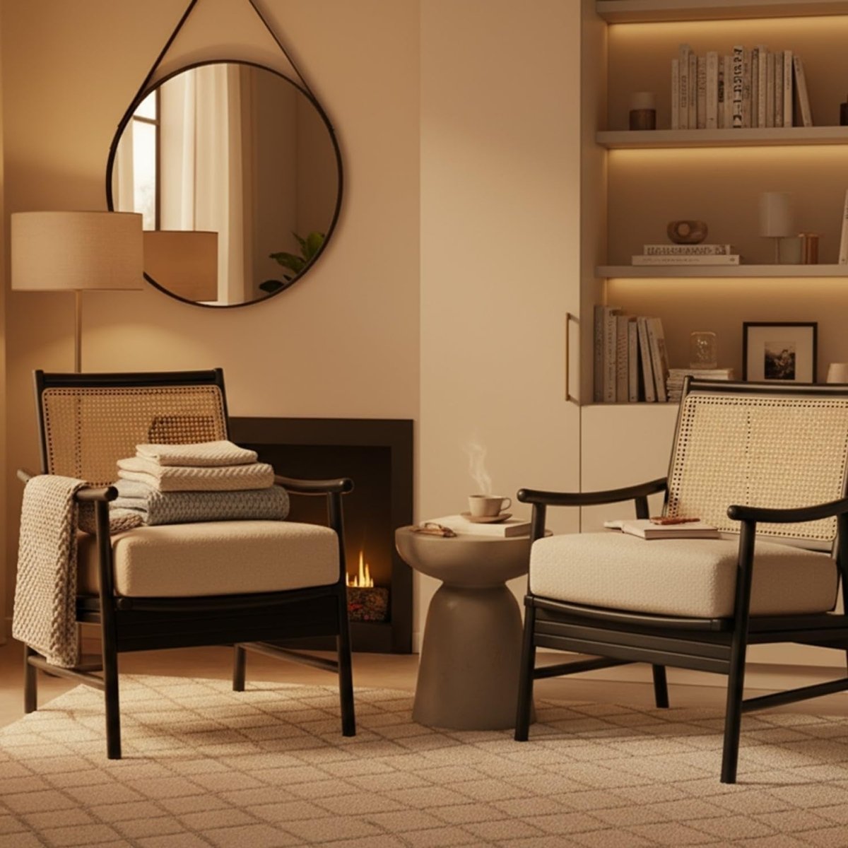 Black Cane Bedroom Armchair Modern Rattan Accent Chair with Boucle Cushion - Kwikley