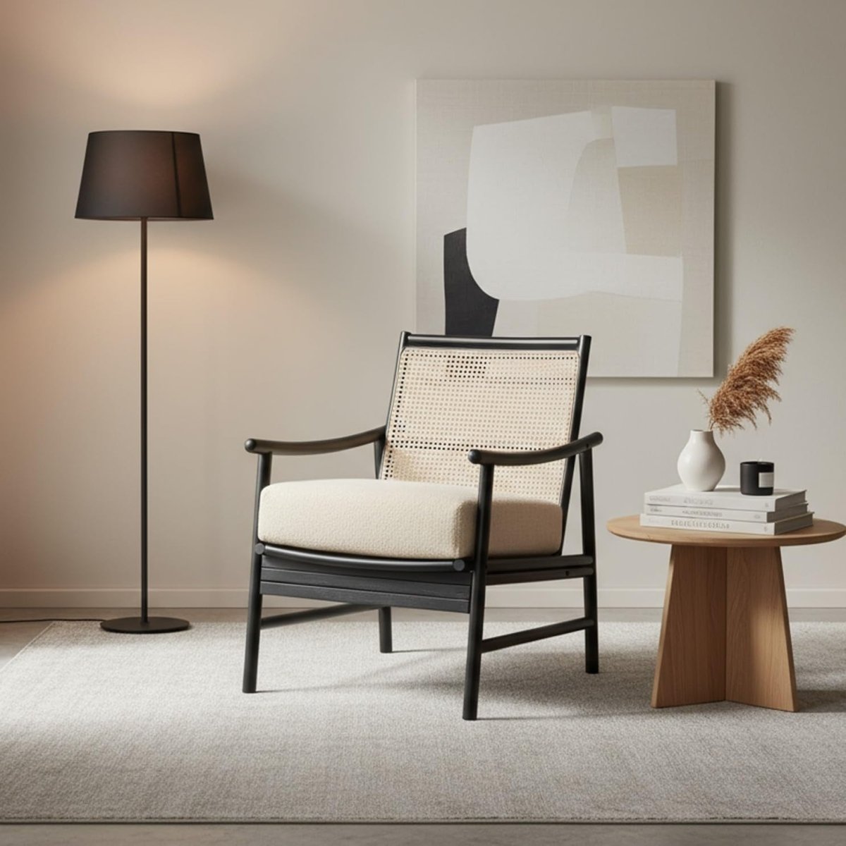 Black Cane Bedroom Armchair Modern Rattan Accent Chair with Boucle Cushion - Kwikley