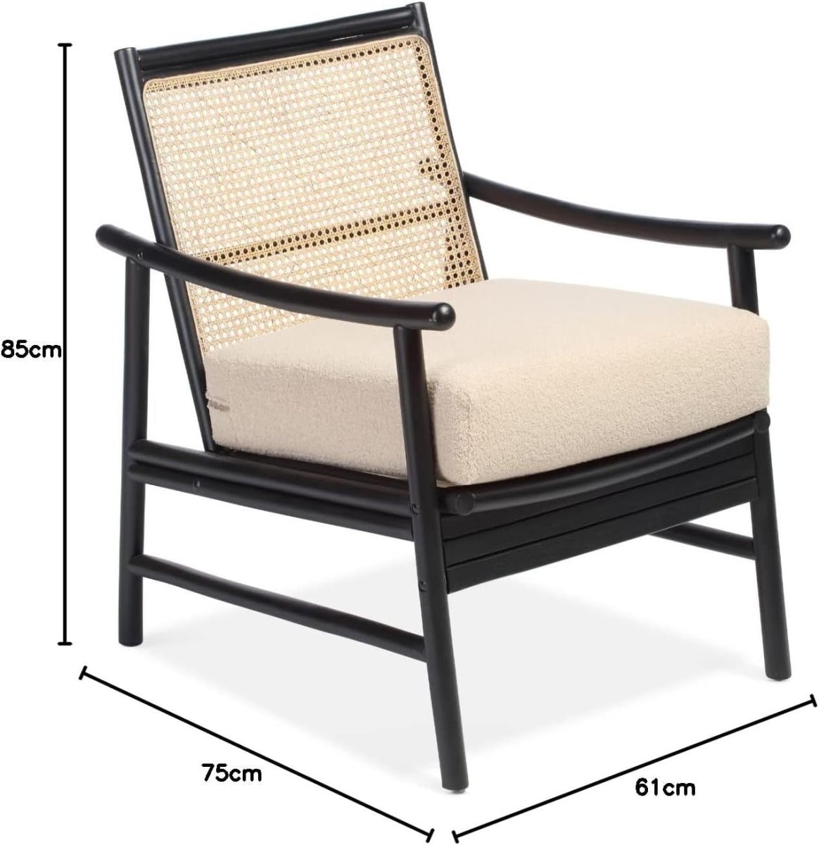 Black Cane Bedroom Armchair Modern Rattan Accent Chair with Boucle Cushion - Kwikley