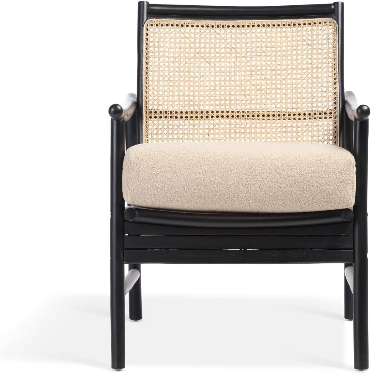 Black Cane Bedroom Armchair Modern Rattan Accent Chair with Boucle Cushion - Kwikley