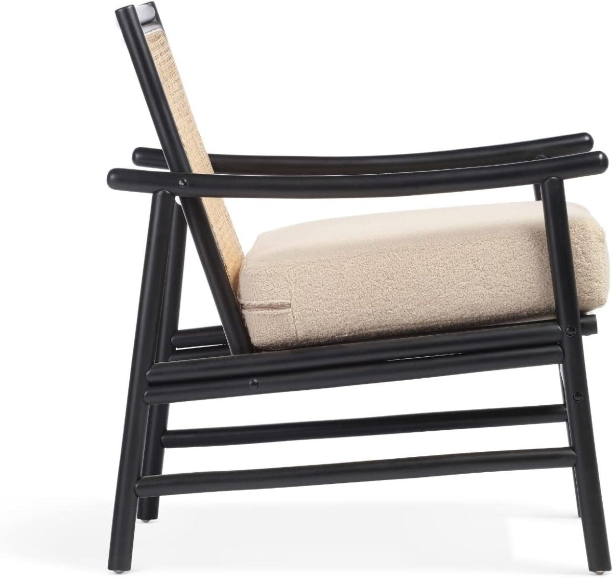 Black Cane Bedroom Armchair Modern Rattan Accent Chair with Boucle Cushion - Kwikley