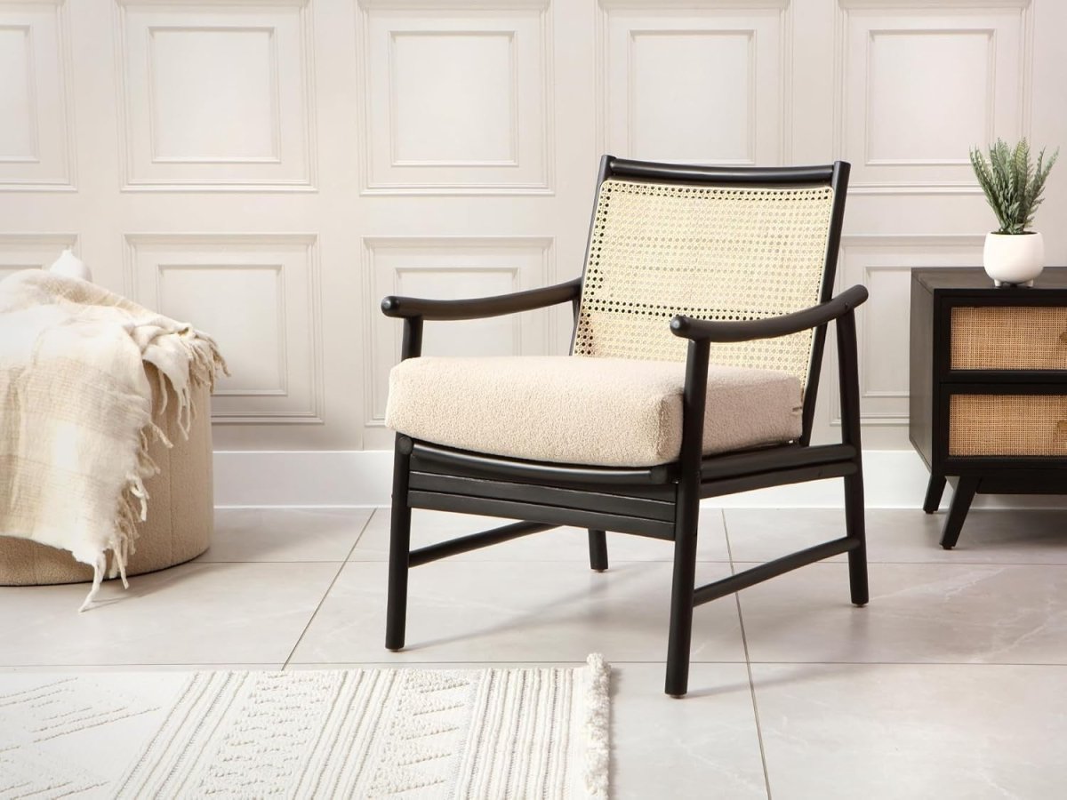 Black Cane Bedroom Armchair Modern Rattan Accent Chair with Boucle Cushion - Kwikley