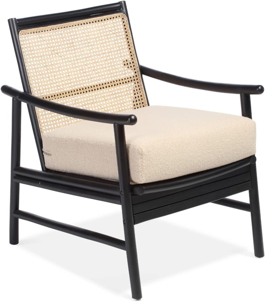 Black Cane Bedroom Armchair Modern Rattan Accent Chair with Boucle Cushion - Kwikley