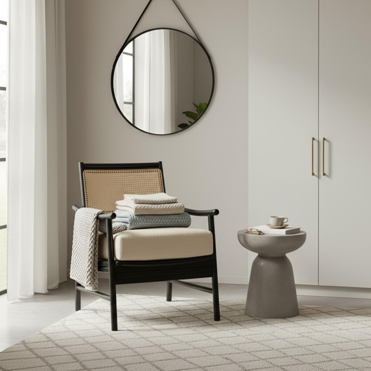 Black Cane Bedroom Armchair Modern Rattan Accent Chair with Boucle Cushion - Kwikley