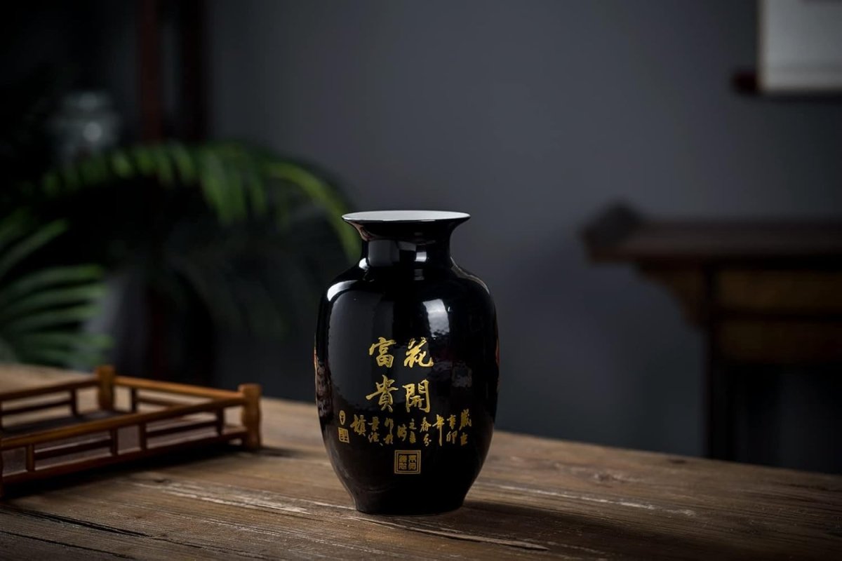 Black Ceramic Flower Vase Chinese Peony Design Luxury Home Decor Display - Kwikley