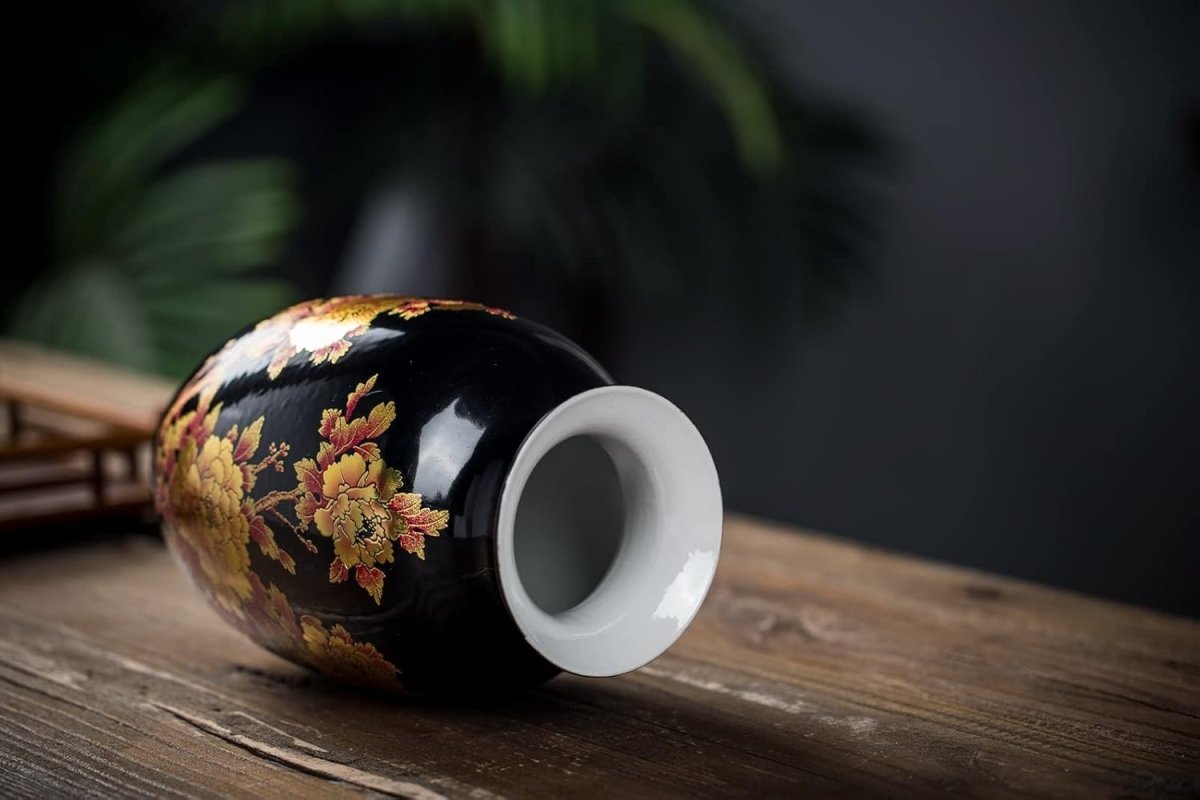 Black Ceramic Flower Vase Chinese Peony Design Luxury Home Decor Display - Kwikley