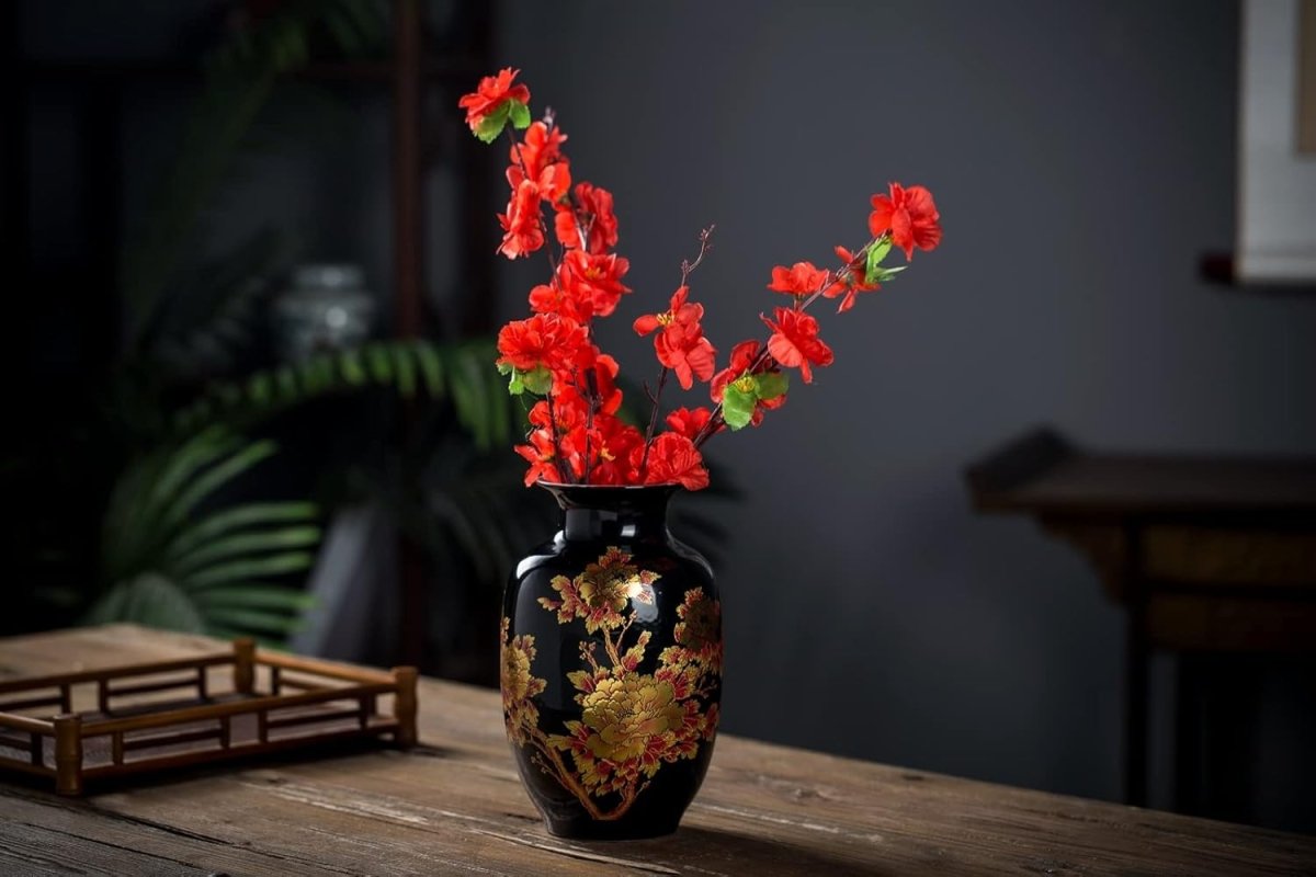 Black Ceramic Flower Vase Chinese Peony Design Luxury Home Decor Display - Kwikley