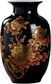 Black Ceramic Flower Vase Chinese Peony Design Luxury Home Decor Display - Kwikley