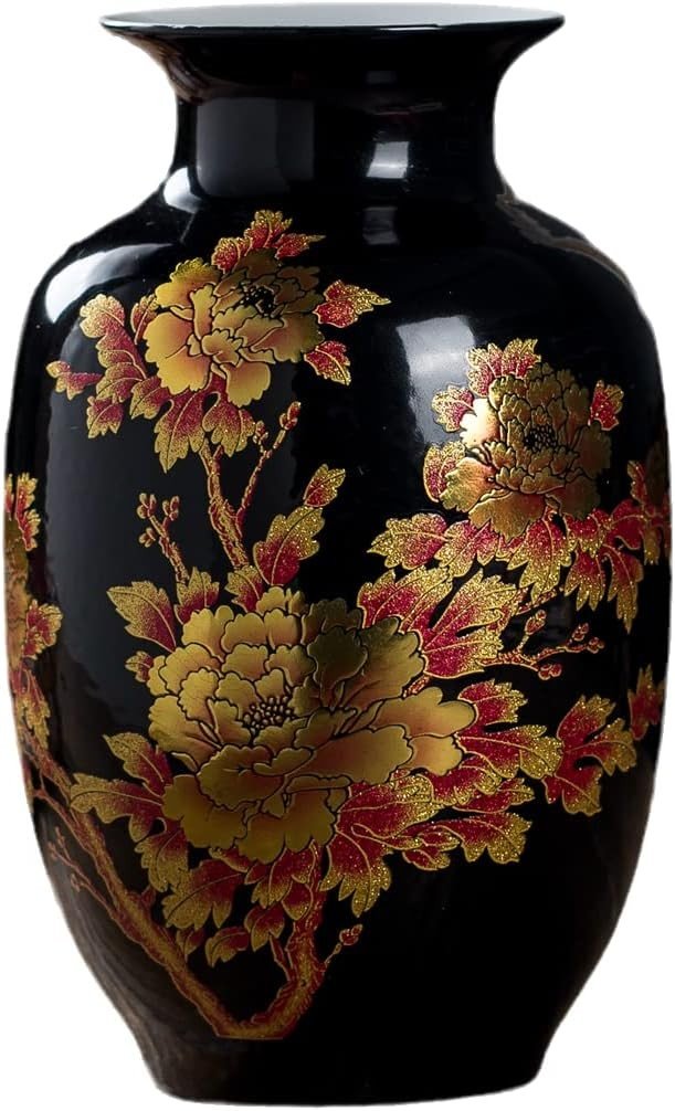 Black Ceramic Flower Vase Chinese Peony Design Luxury Home Decor Display - Kwikley