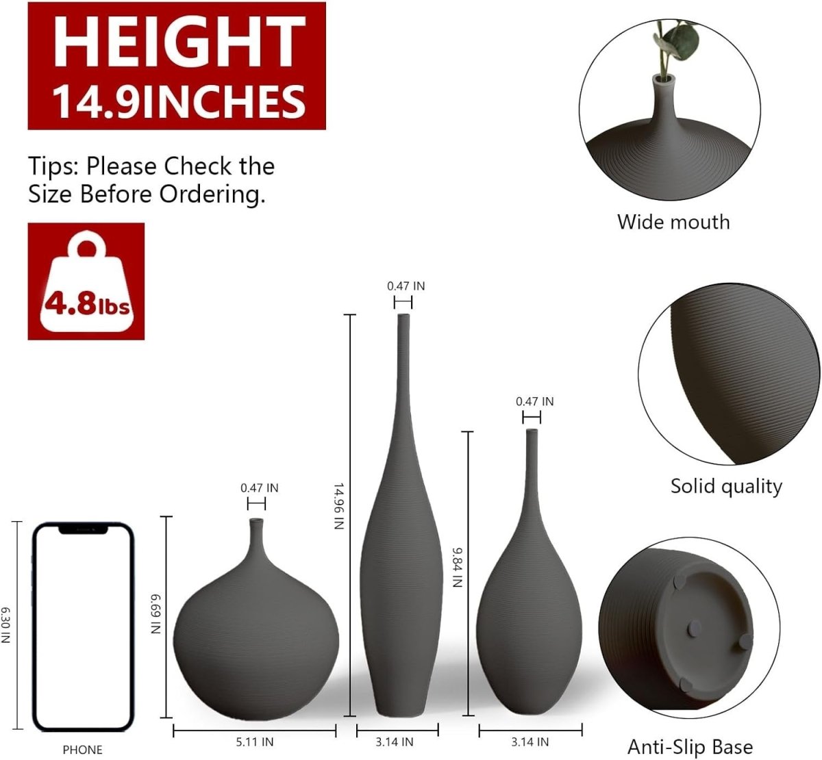 Black Ceramic Vase Set of 3 Minimalist Modern Decor Pampas Table Display - Kwikley