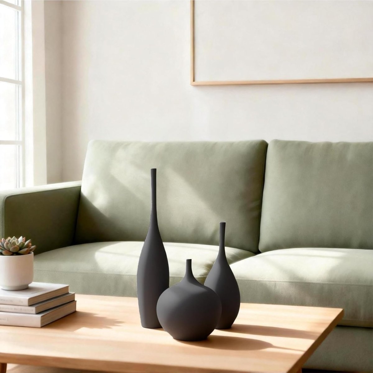 Black Ceramic Vase Set of 3 Minimalist Modern Decor Pampas Table Display - Kwikley