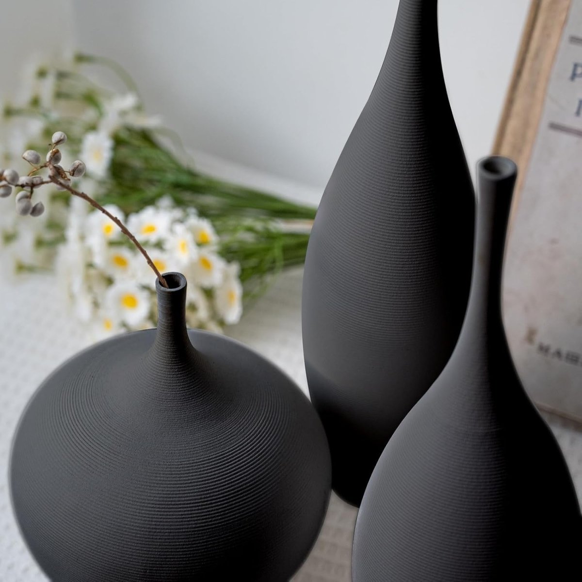 Black Ceramic Vase Set of 3 Minimalist Modern Decor Pampas Table Display - Kwikley