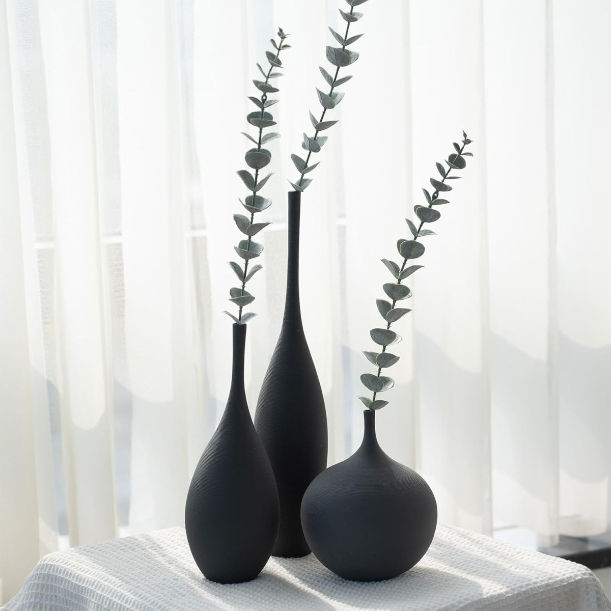 Black Ceramic Vase Set of 3 Minimalist Modern Decor Pampas Table Display - Kwikley