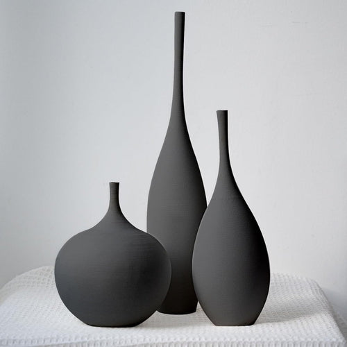 Black Ceramic Vase Set of 3 Minimalist Modern Decor Pampas Table Display - Kwikley