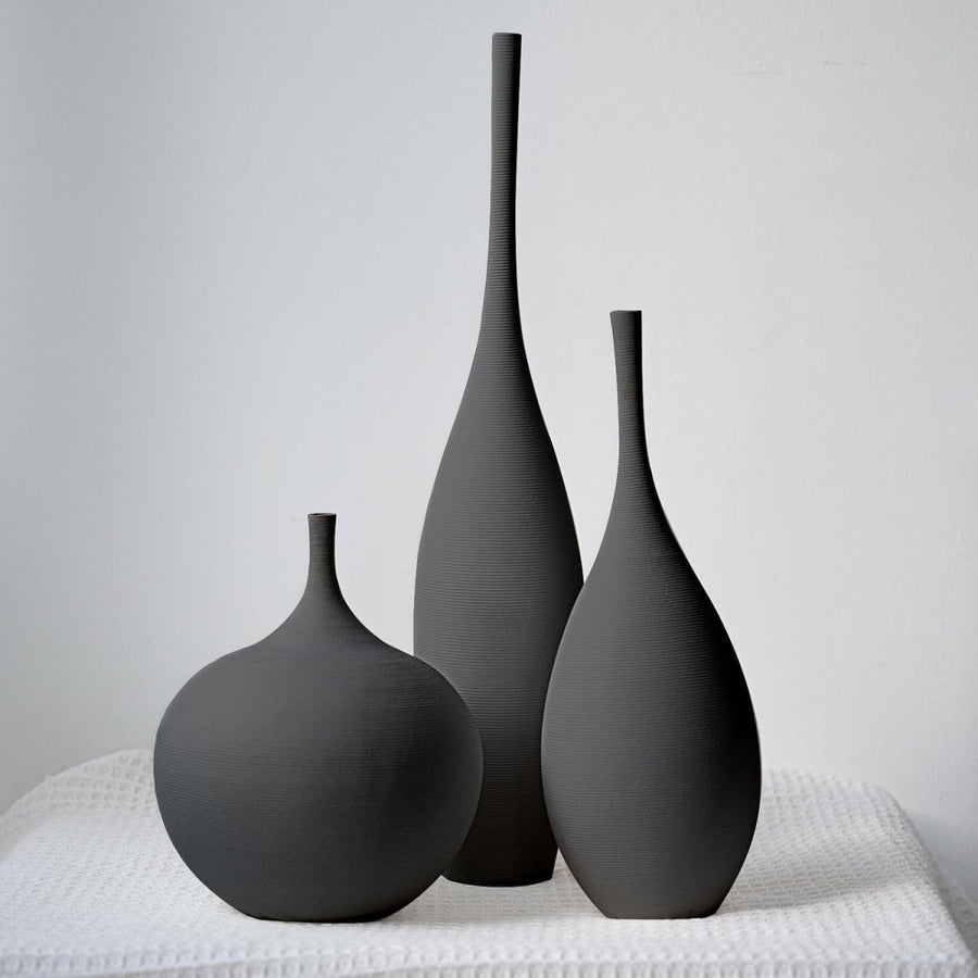Black Ceramic Vase Set of 3 Minimalist Modern Decor Pampas Table Display - Kwikley
