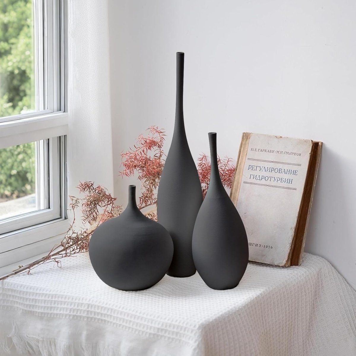Black Ceramic Vase Set of 3 Minimalist Modern Decor Pampas Table Display - Kwikley