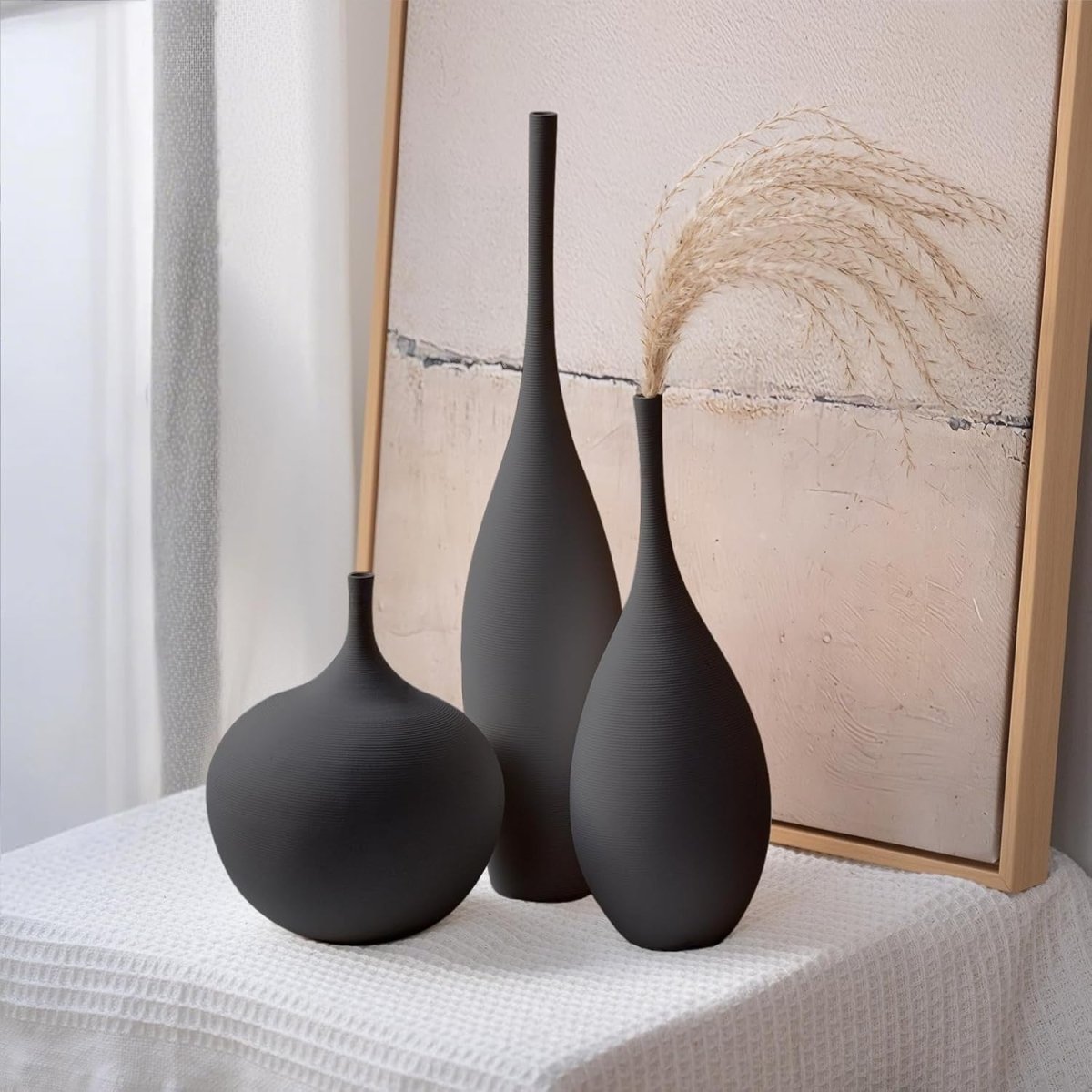 Black Ceramic Vase Set of 3 Minimalist Modern Decor Pampas Table Display - Kwikley
