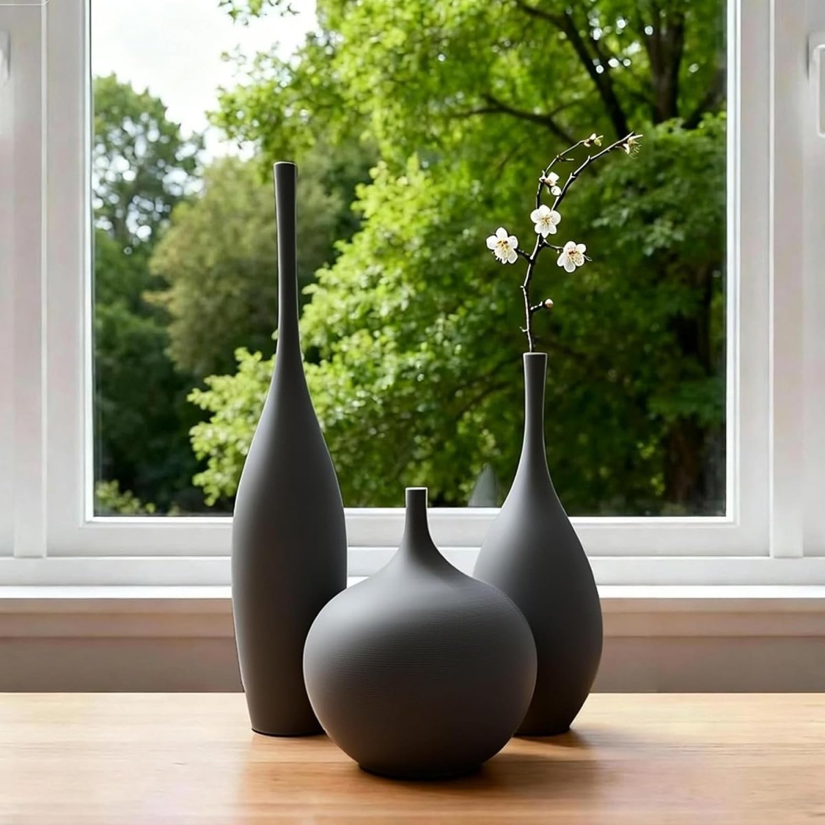Black Ceramic Vase Set of 3 Minimalist Modern Decor Pampas Table Display - Kwikley