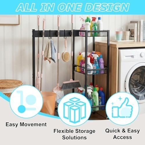 Black Cleaning Utility Cart Trolley with 3 Shelves & 6 Mop Holders - Kwikley
