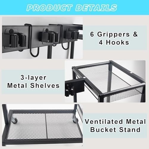 Black Cleaning Utility Cart Trolley with 3 Shelves & 6 Mop Holders - Kwikley