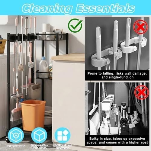 Black Cleaning Utility Cart Trolley with 3 Shelves & 6 Mop Holders - Kwikley