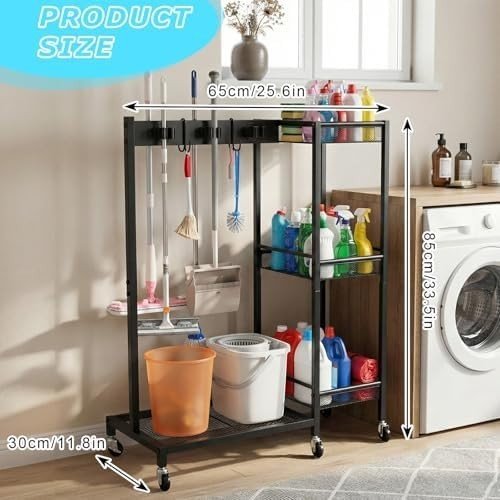 Black Cleaning Utility Cart Trolley with 3 Shelves & 6 Mop Holders - Kwikley