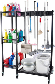 Black Cleaning Utility Cart Trolley with 3 Shelves & 6 Mop Holders - Kwikley