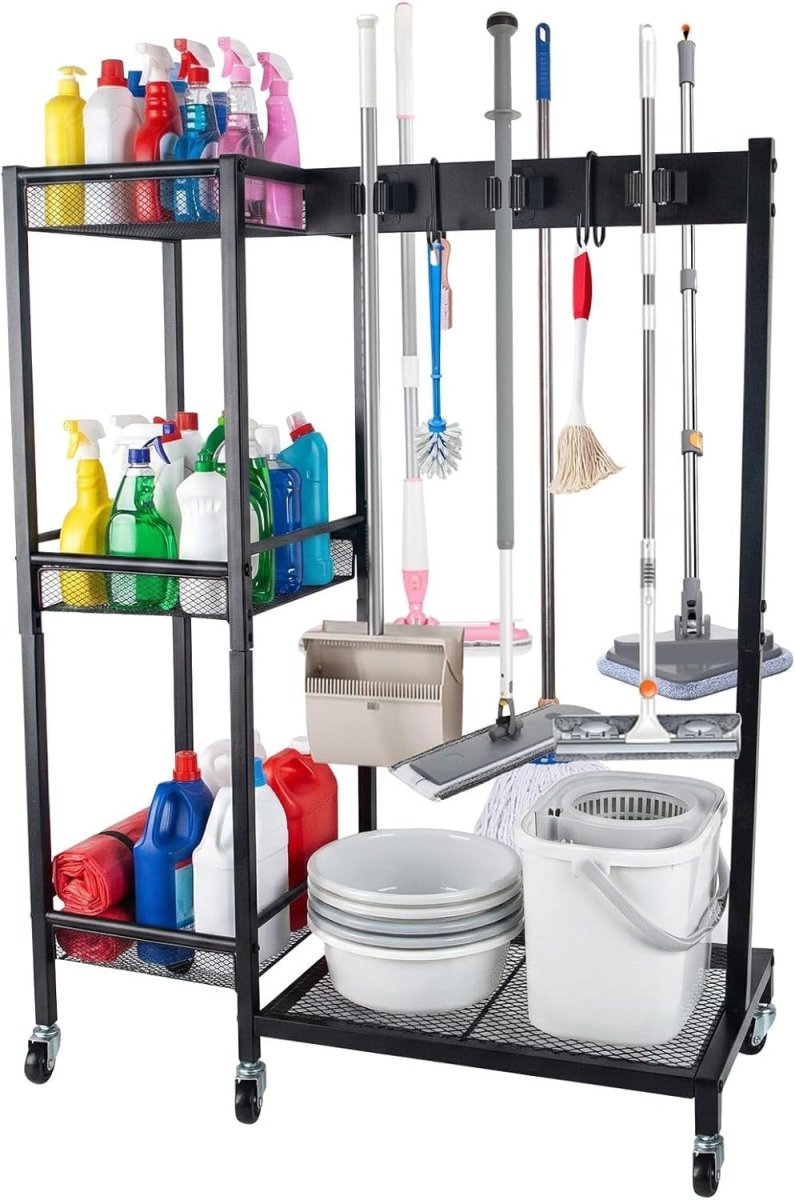 Black Cleaning Utility Cart Trolley with 3 Shelves & 6 Mop Holders - Kwikley