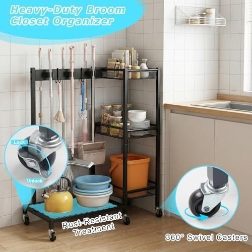 Black Cleaning Utility Cart Trolley with 3 Shelves & 6 Mop Holders - Kwikley