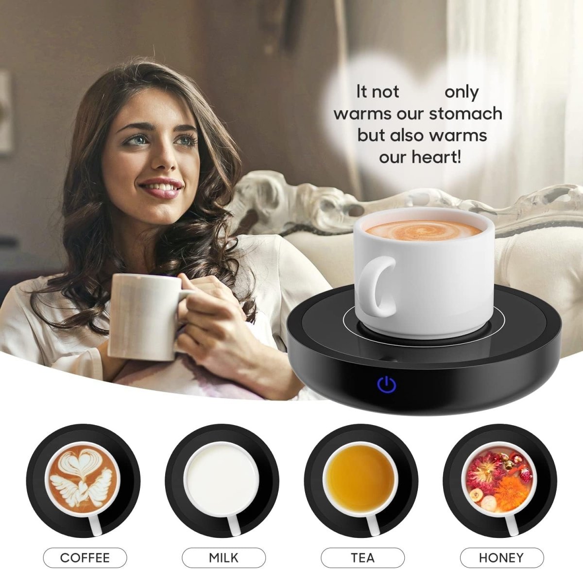 Black Coffee Mug Warmer 80°C 3 Temp Stainless Steel Desk Plate - Kwikley