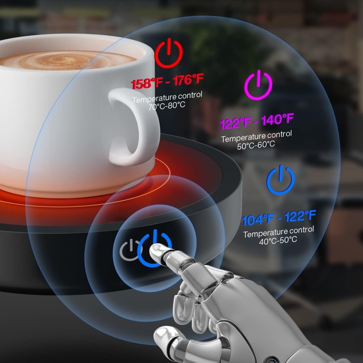 Black Coffee Mug Warmer 80°C 3 Temp Stainless Steel Desk Plate - Kwikley