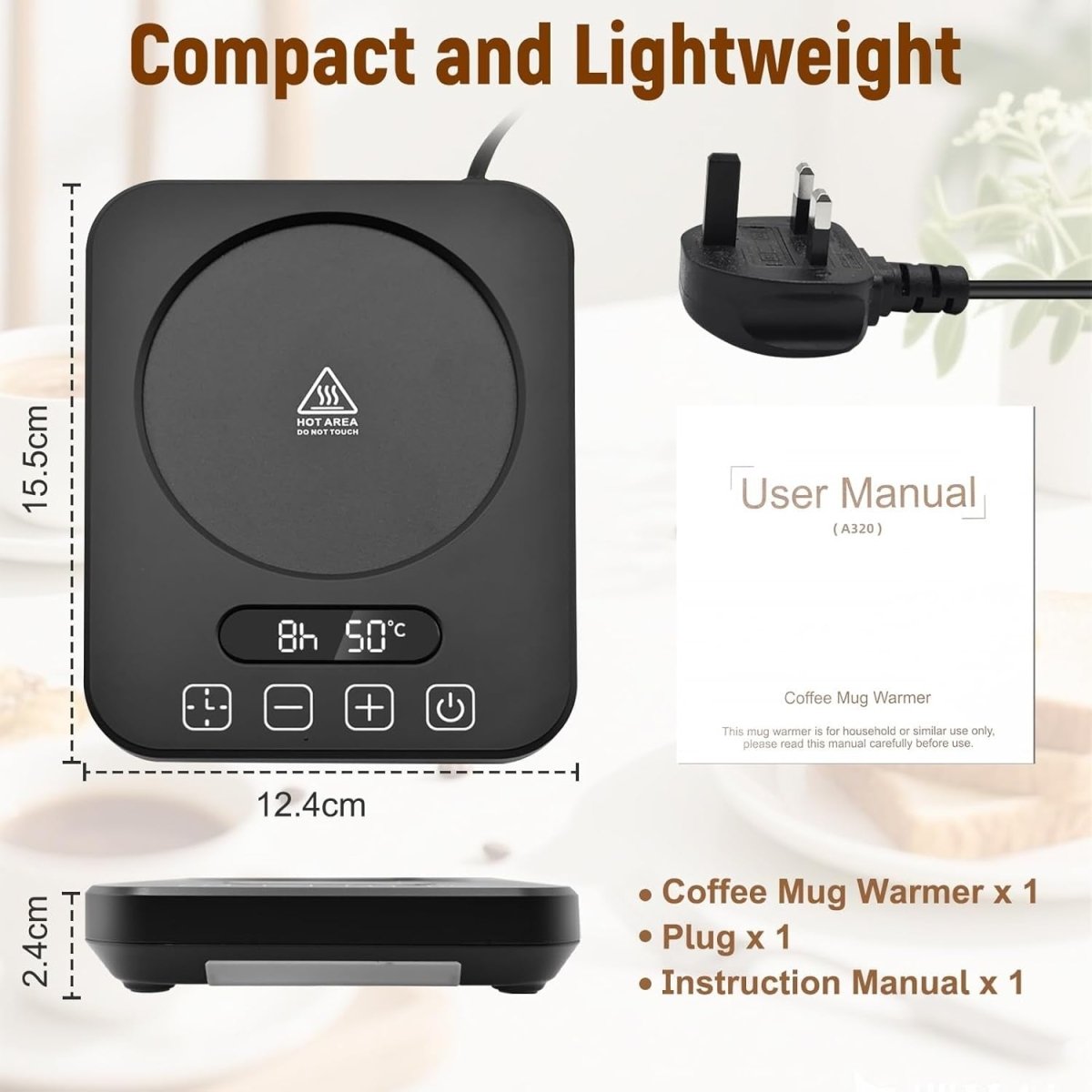 Black Coffee Mug Warmer 9 Temp LED Display 1 - 12H Timer - Kwikley