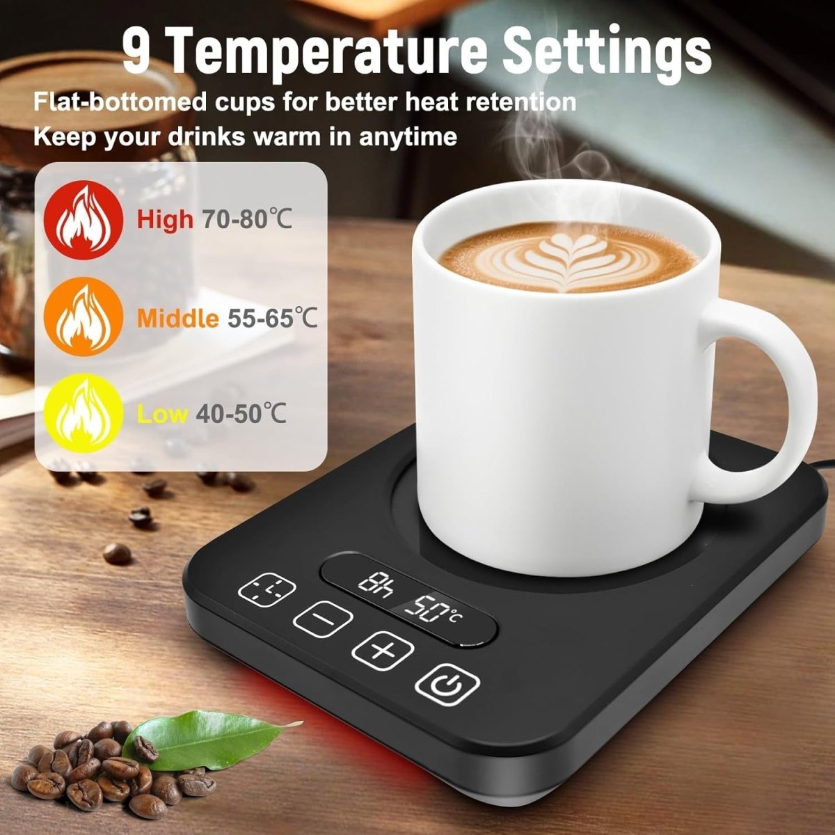 Black Coffee Mug Warmer 9 Temp LED Display 1 - 12H Timer - Kwikley
