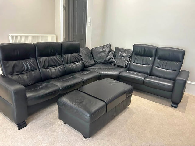 Black Ekornes Stressless Leather Corner Sofa + Ottoman (PTP)