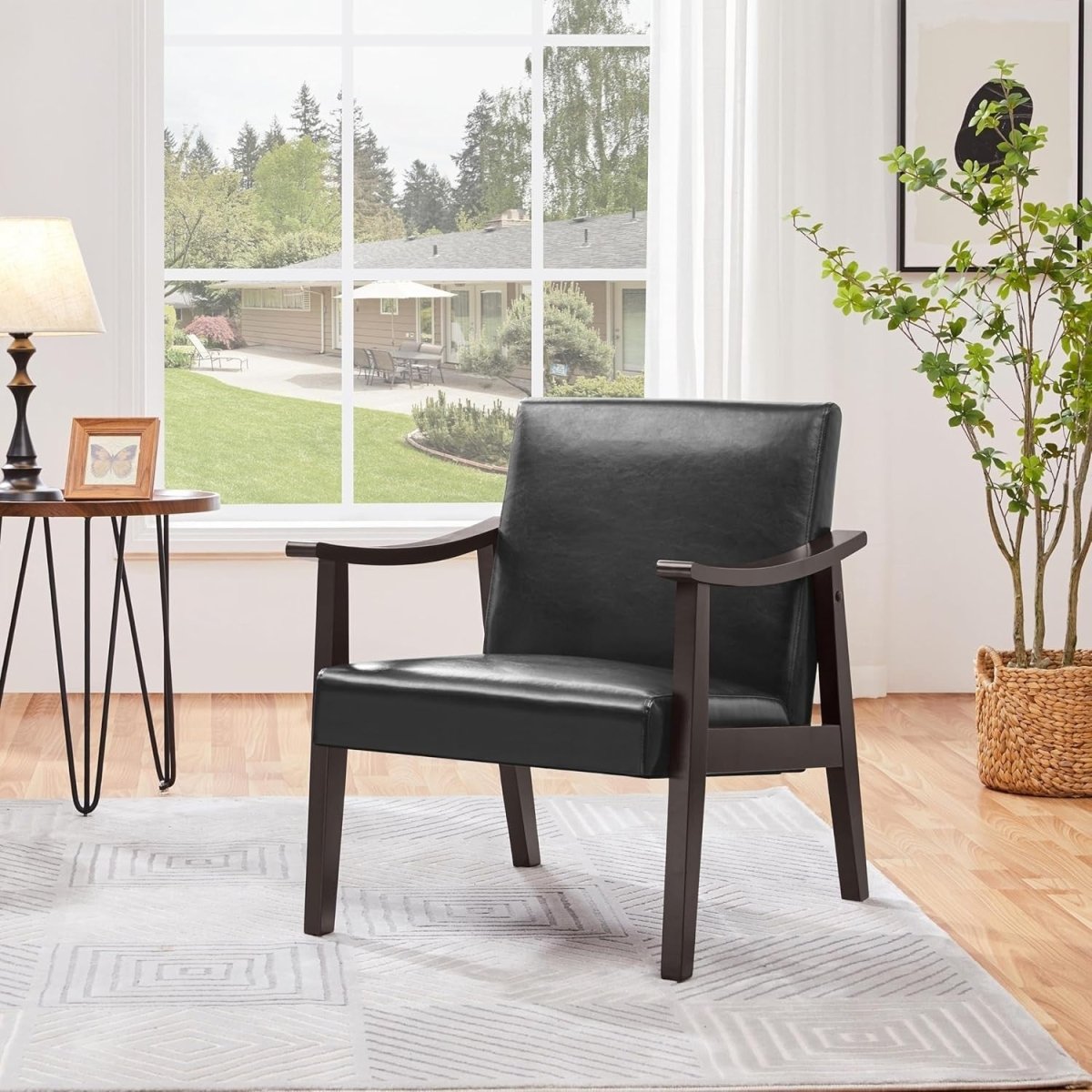 Black Faux Leather Accent Chair Lounge Seat Retro Armchair for Home - Kwikley