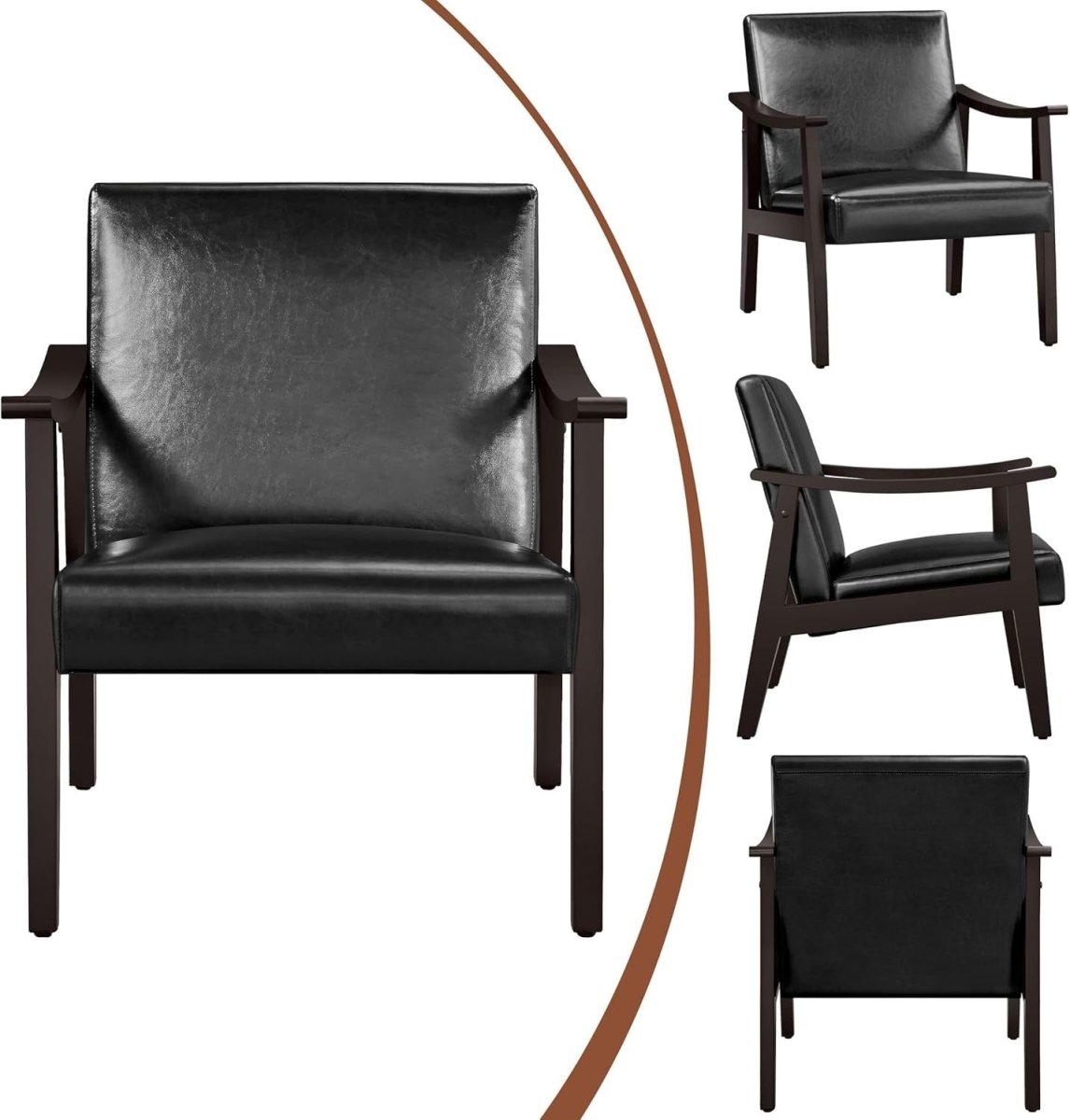 Black Faux Leather Accent Chair Lounge Seat Retro Armchair for Home - Kwikley