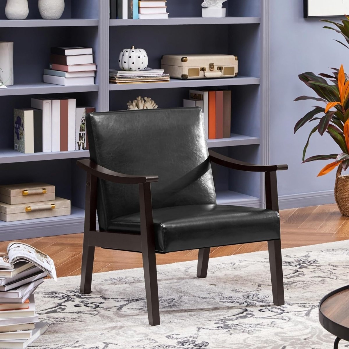 Black Faux Leather Accent Chair Lounge Seat Retro Armchair for Home - Kwikley