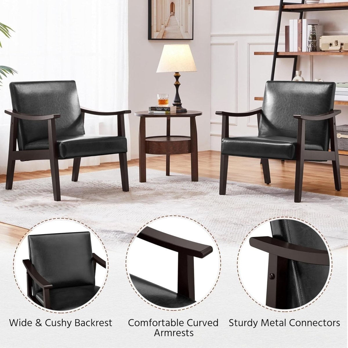 Black Faux Leather Accent Chair Lounge Seat Retro Armchair for Home - Kwikley