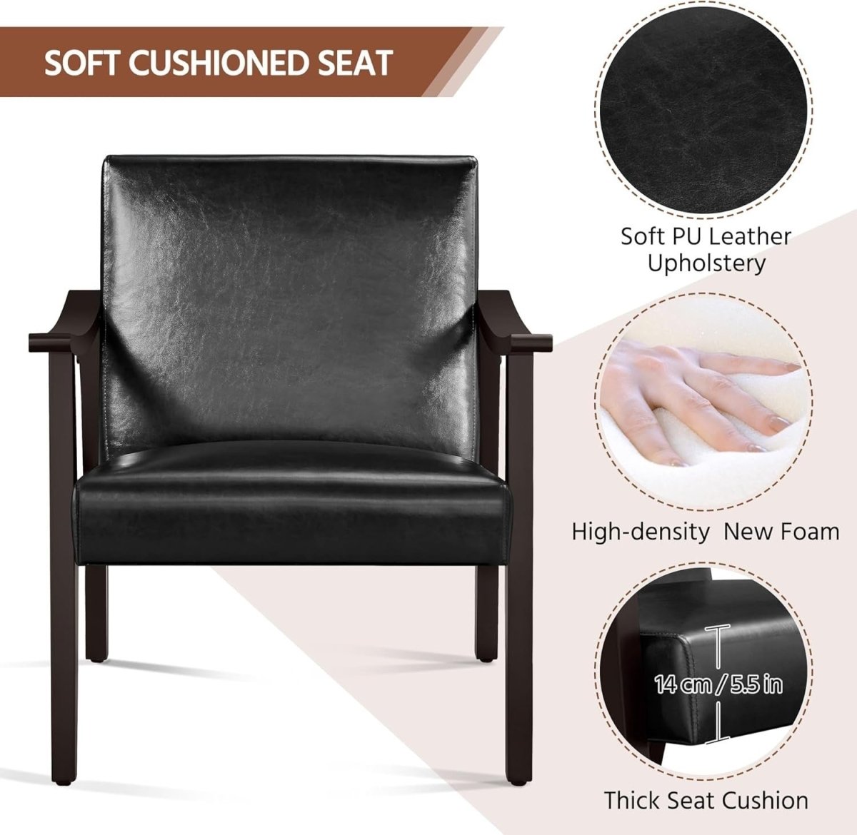 Black Faux Leather Accent Chair Lounge Seat Retro Armchair for Home - Kwikley