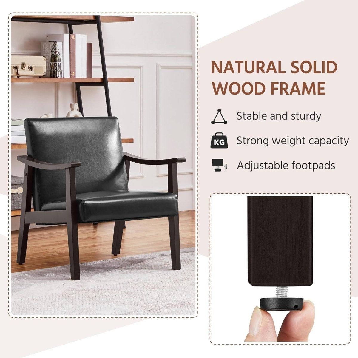 Black Faux Leather Accent Chair Lounge Seat Retro Armchair for Home - Kwikley