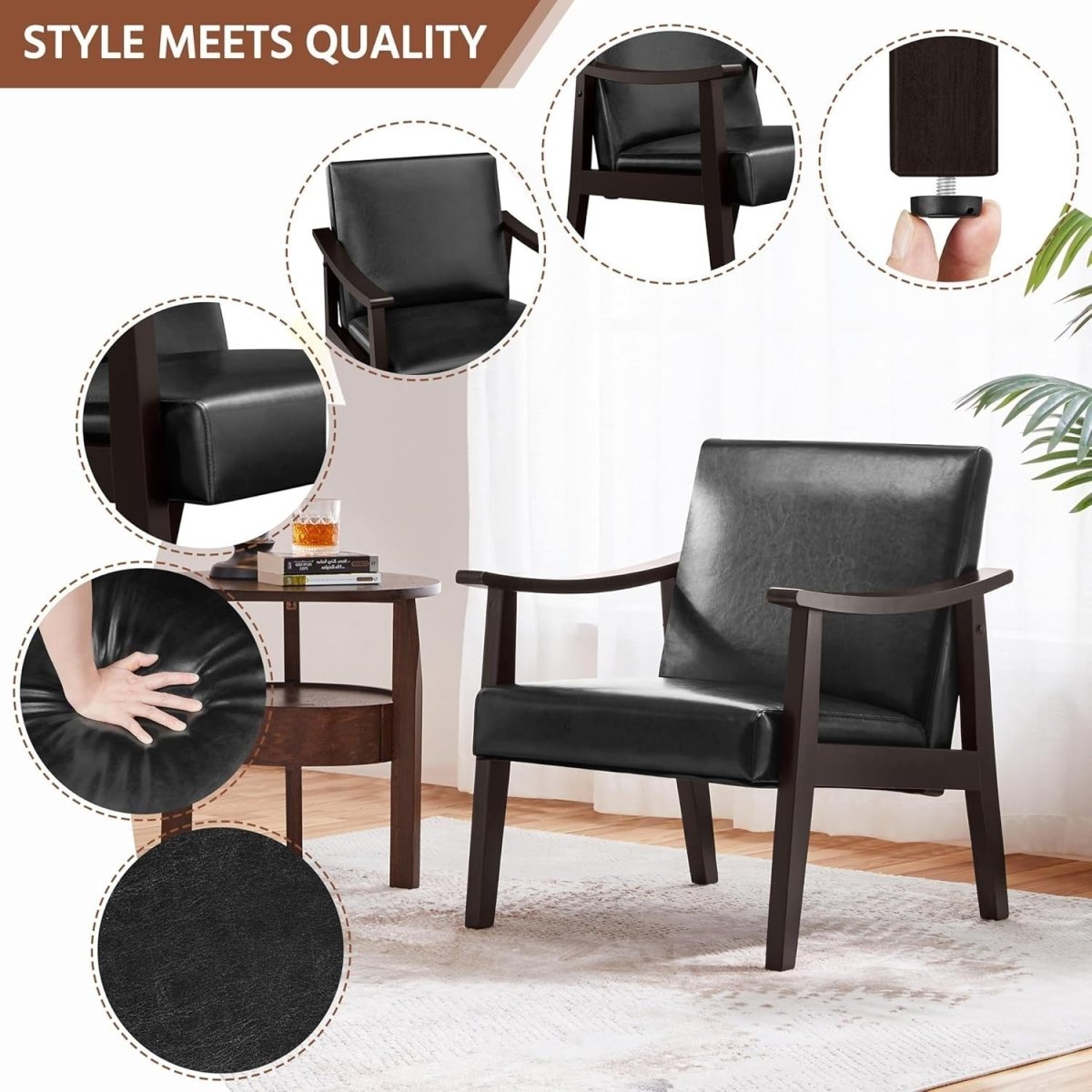 Black Faux Leather Accent Chair Lounge Seat Retro Armchair for Home - Kwikley