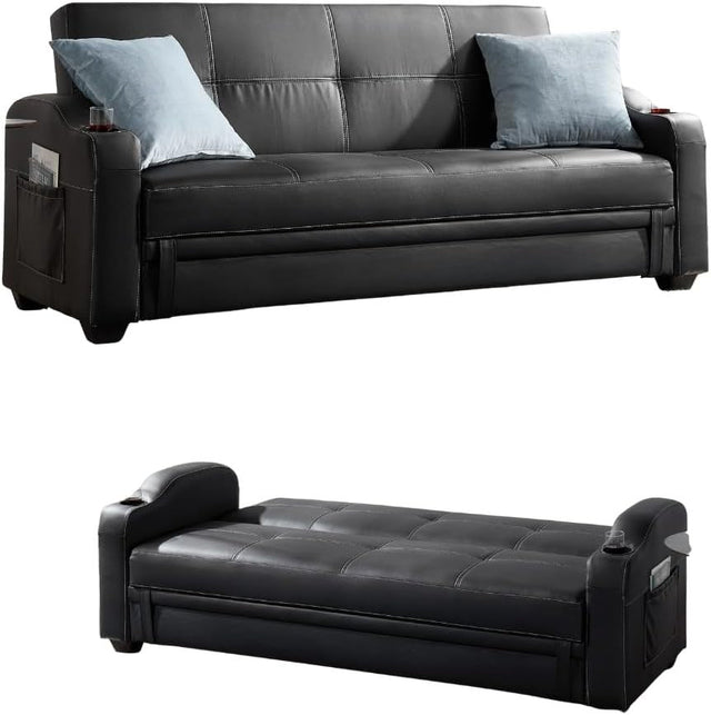 Black Faux Leather Sofa Bed 3 Seater With Storage Cupholders Modern
