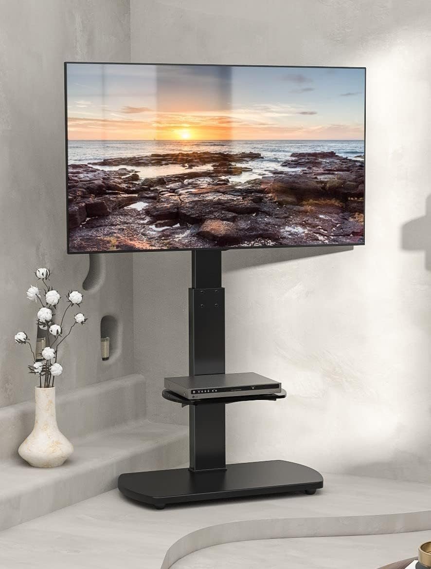 Black Floor TV Stand 32–65" Swivel Mount Glass Shelf Height Adjustable - Kwikley