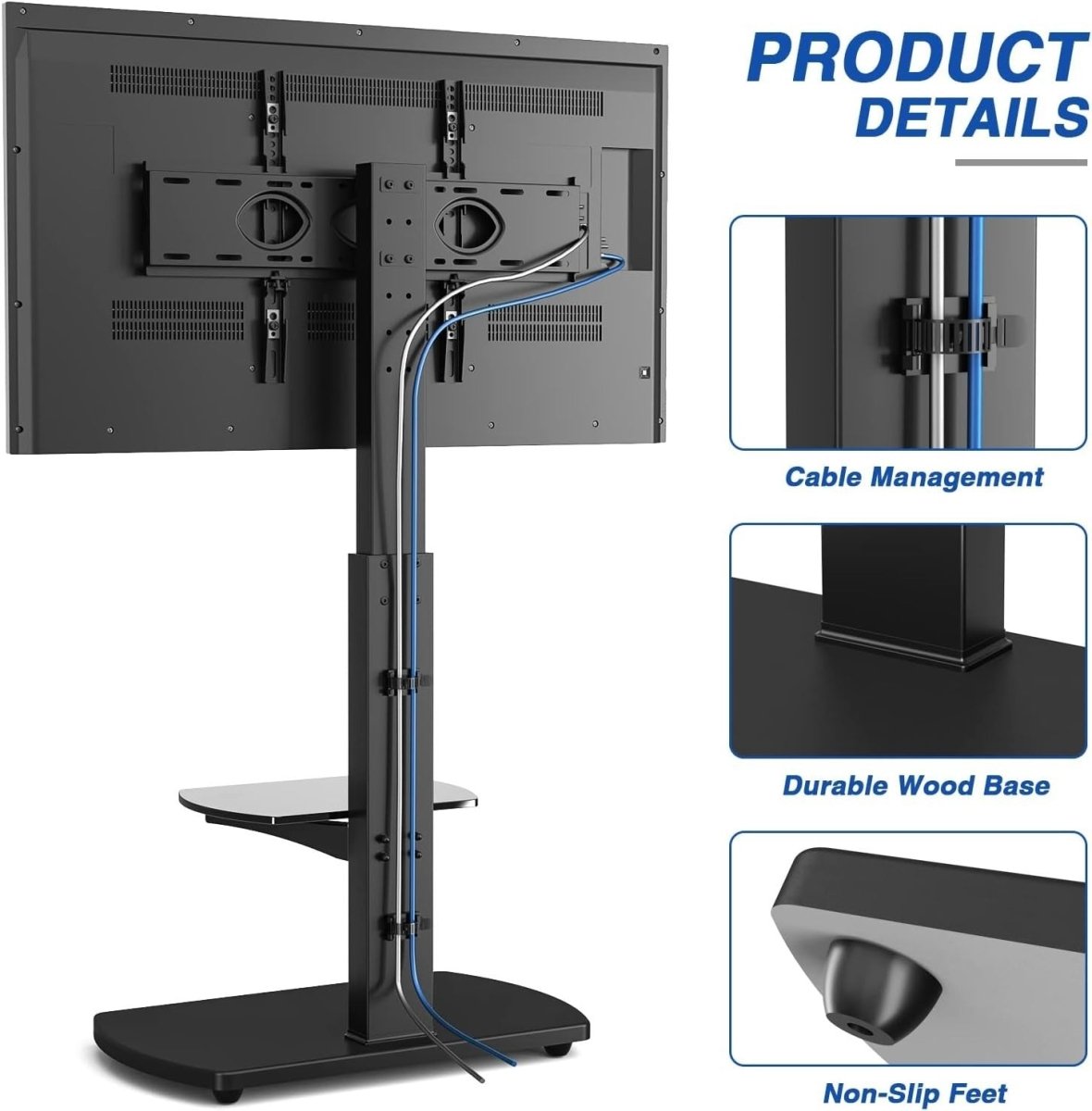 Black Floor TV Stand 32–65" Swivel Mount Glass Shelf Height Adjustable - Kwikley