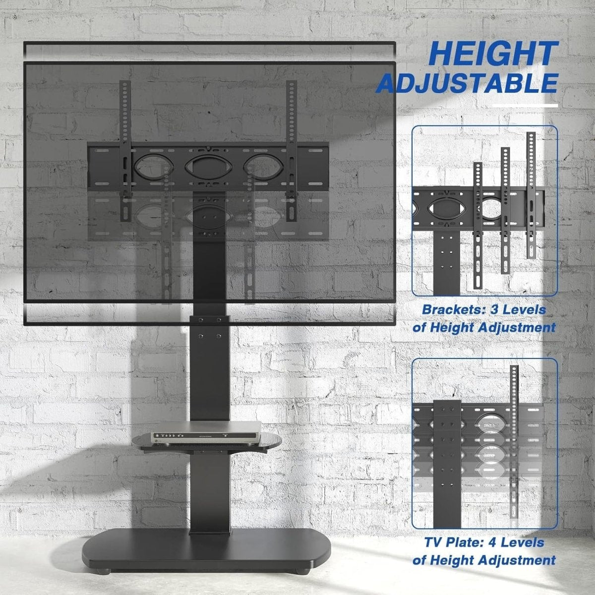 Black Floor TV Stand 32–65" Swivel Mount Glass Shelf Height Adjustable - Kwikley