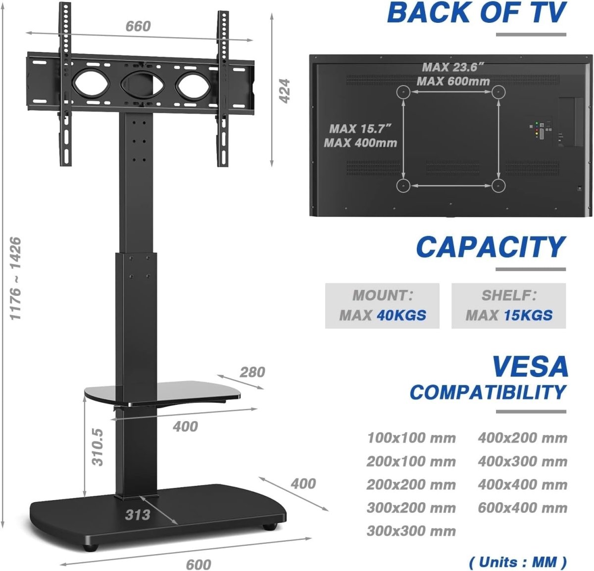 Black Floor TV Stand 32–65" Swivel Mount Glass Shelf Height Adjustable - Kwikley