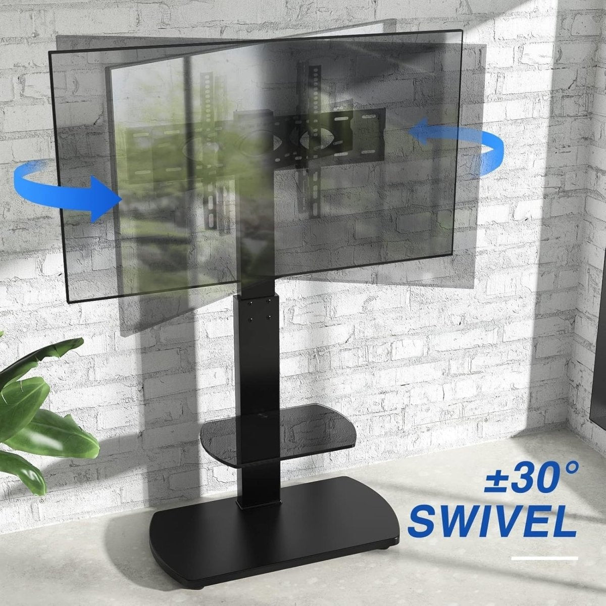 Black Floor TV Stand 32–65" Swivel Mount Glass Shelf Height Adjustable - Kwikley