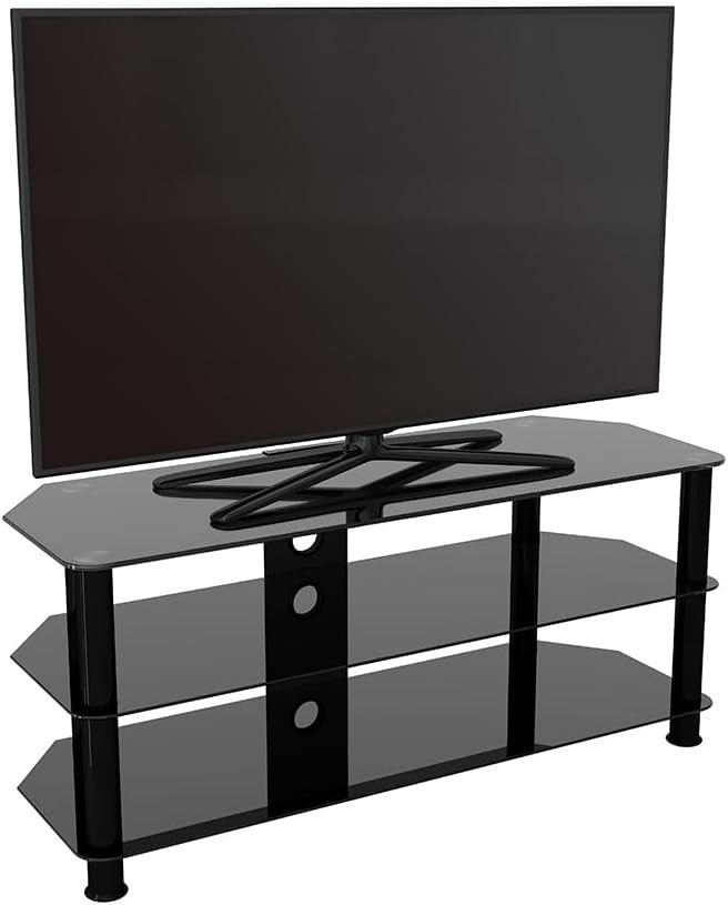 Black Glass TV Stand 114cm Wide, Cable Management, Fits TVs up to 55" 45kg - Kwikley