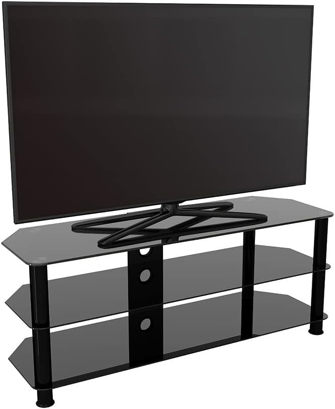 Black Glass TV Stand 125cm 3 Shelves for 60" TVs Console Floor Unit - Kwikley