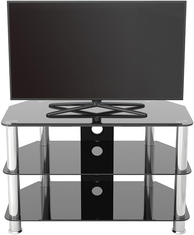 Black Glass TV Stand with Cable Management, Floor Mount, Fits 43" TVs up to 40kg - Kwikley